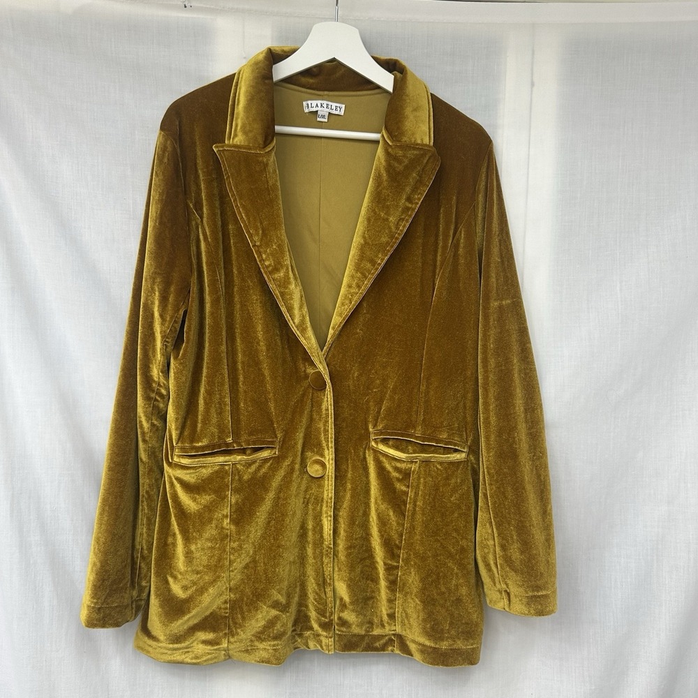 Blakeley Designs Women's Velvet Blazer L/XL Vibrant Gold Fall Stretch Soft Y2K
